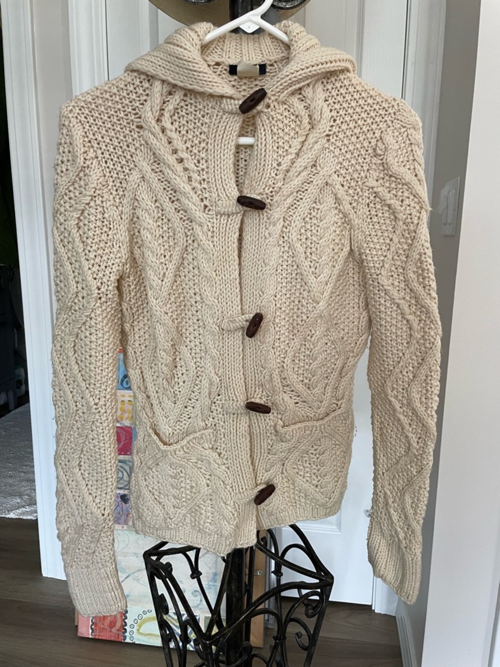 Cream Cable-Knit Hooded Toggle Cardigan